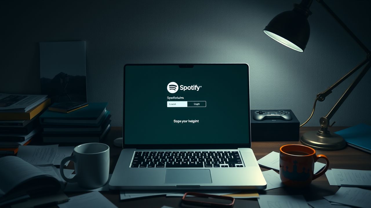 Een rommelig bureau met een open laptop toont de Spotify inlogpagina. Een rommelig bureau met een open laptop toont de Spotify inlogpagina.