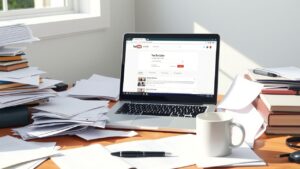 Een rommelig bureau met een open laptop en koffiekopje.