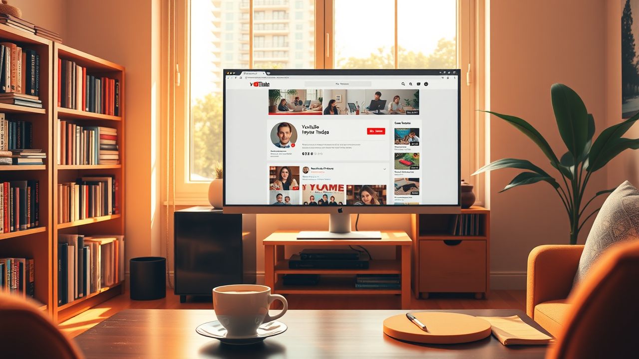 Een gezellige woonkamer met een computer en boekenkasten. Een gezellige woonkamer met een computer en boekenkasten.