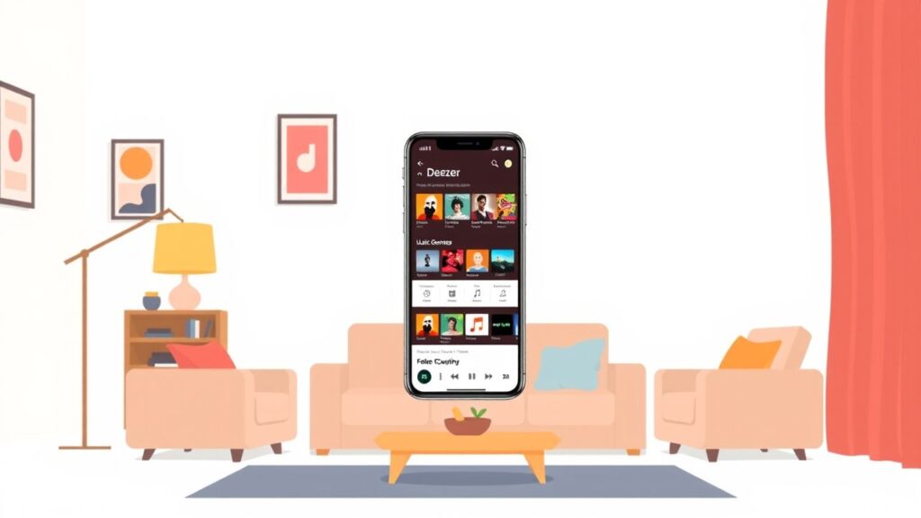 Een gezellige woonkamer met een smartphone die de Deezer app weergeeft.