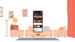 Een gezellige woonkamer met een smartphone die de Deezer app weergeeft.