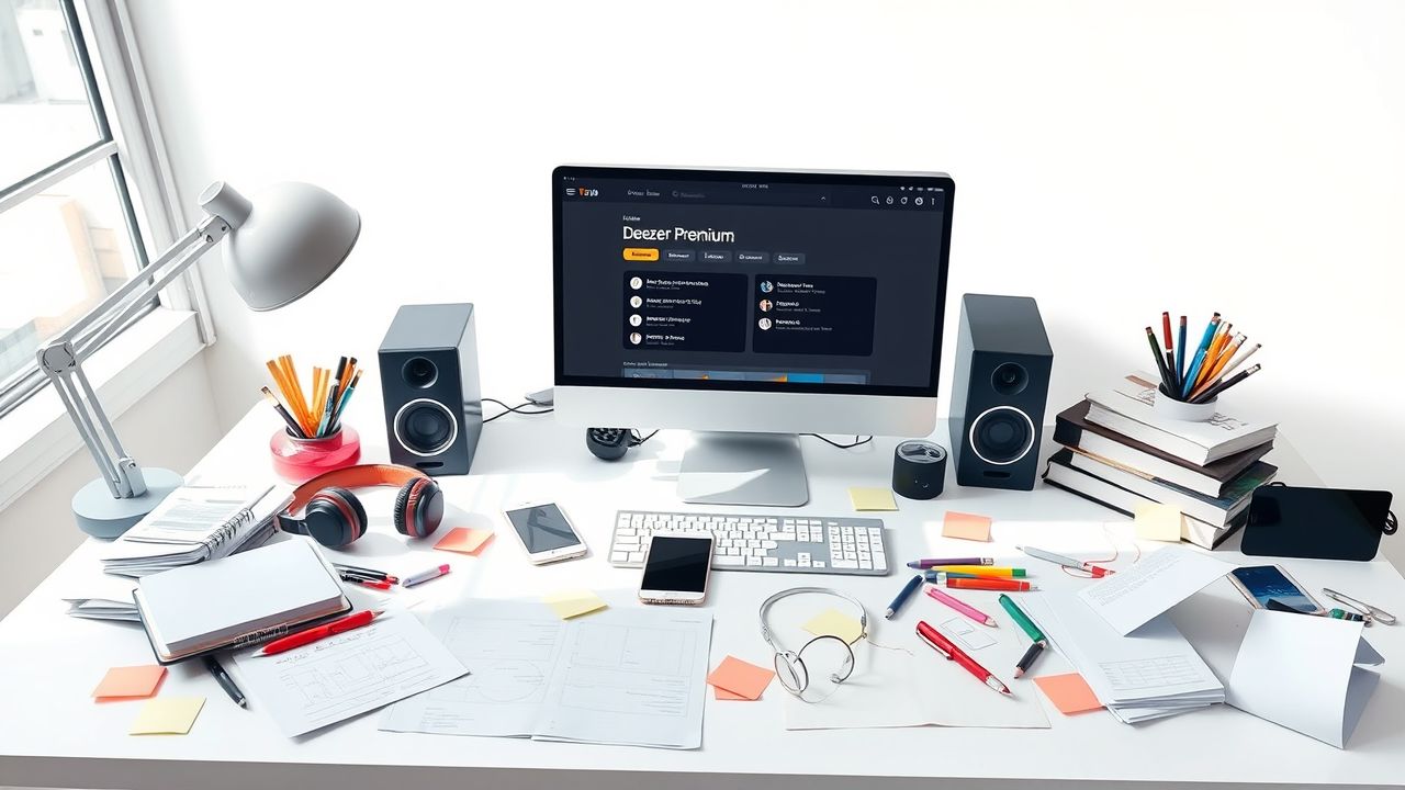 Een rommelig bureau met computer, smartphone en koptelefoon.