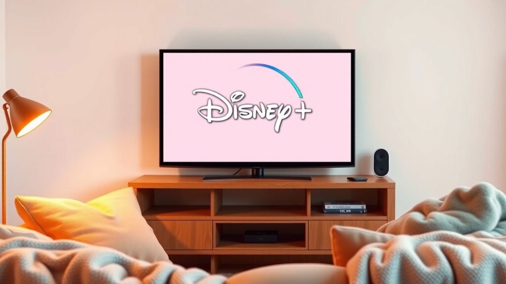 Een gezellige woonkamer met Disney+ logo op de TV.