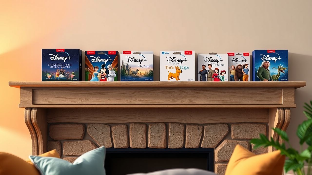 Een verscheidenheid aan Disney+ abonnementen op een houten plank.