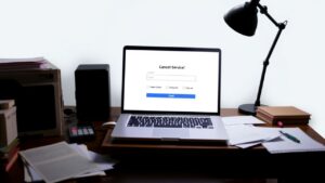 Een rommelig bureau met een open laptop toont een abonnement op een streamingdienst dat geannuleerd wordt.