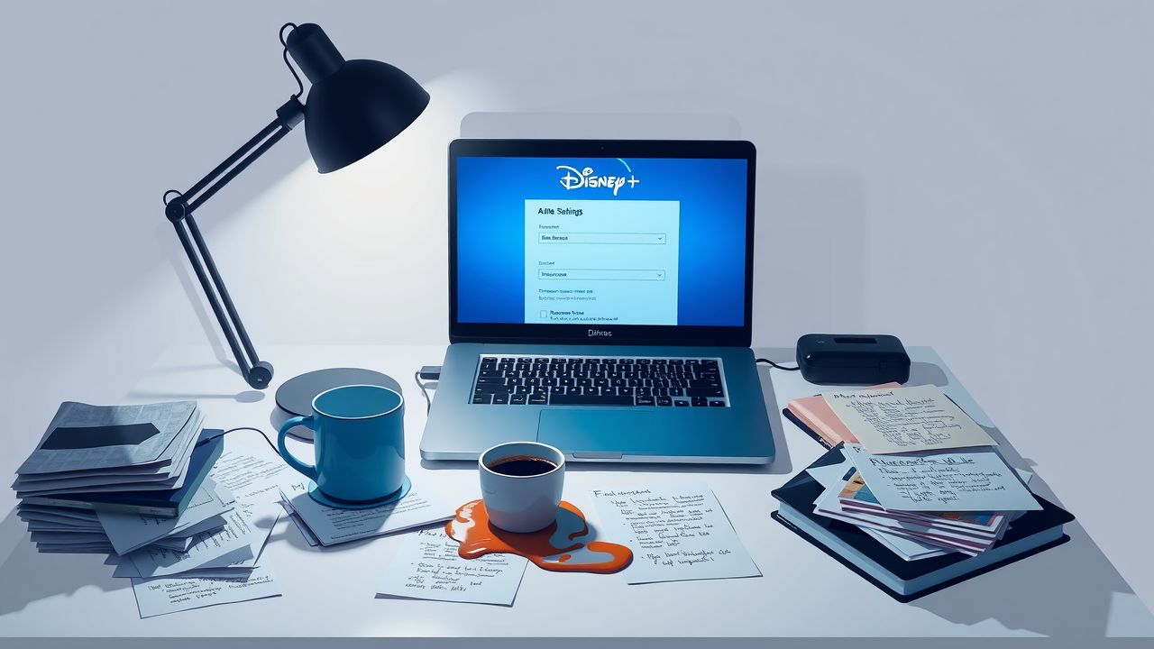 Een rommelig bureau met open laptop, notities en gemorst koffie.