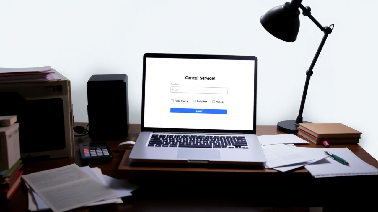 Een rommelig bureau met een open laptop toont een abonnement op een streamingdienst dat geannuleerd wordt.