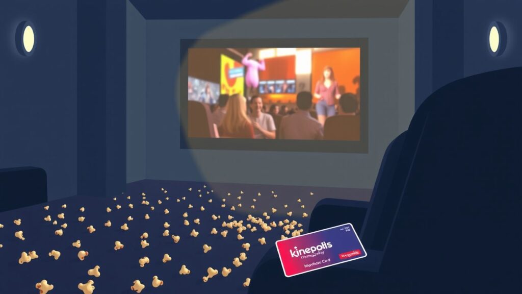 Een rommelige bioscoop met een kleurrijke film op het scherm en een Kinepolis lidmaatschapskaart op een stoel.