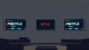 Een gezellige woonkamer met drie Netflix-schermen in verschillende kwaliteiten.