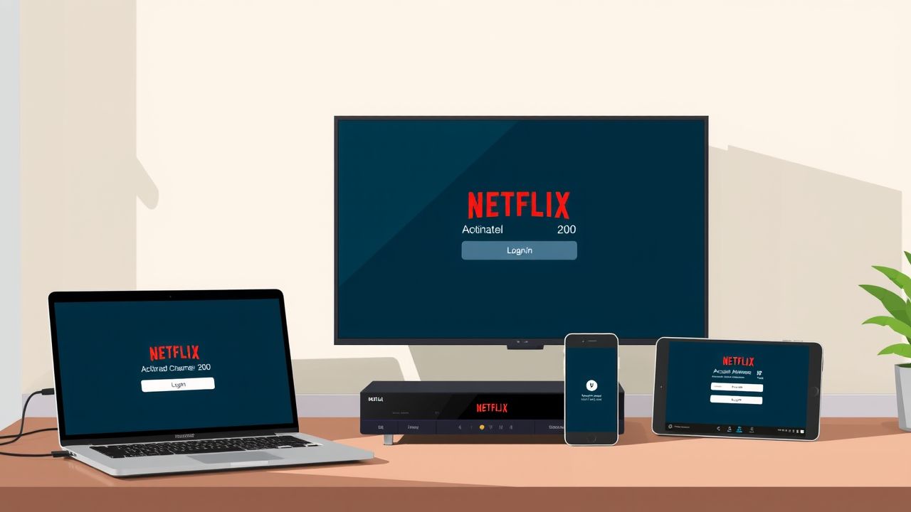 Een flat design afbeelding met apparaten die de Netflix activatie laten zien.