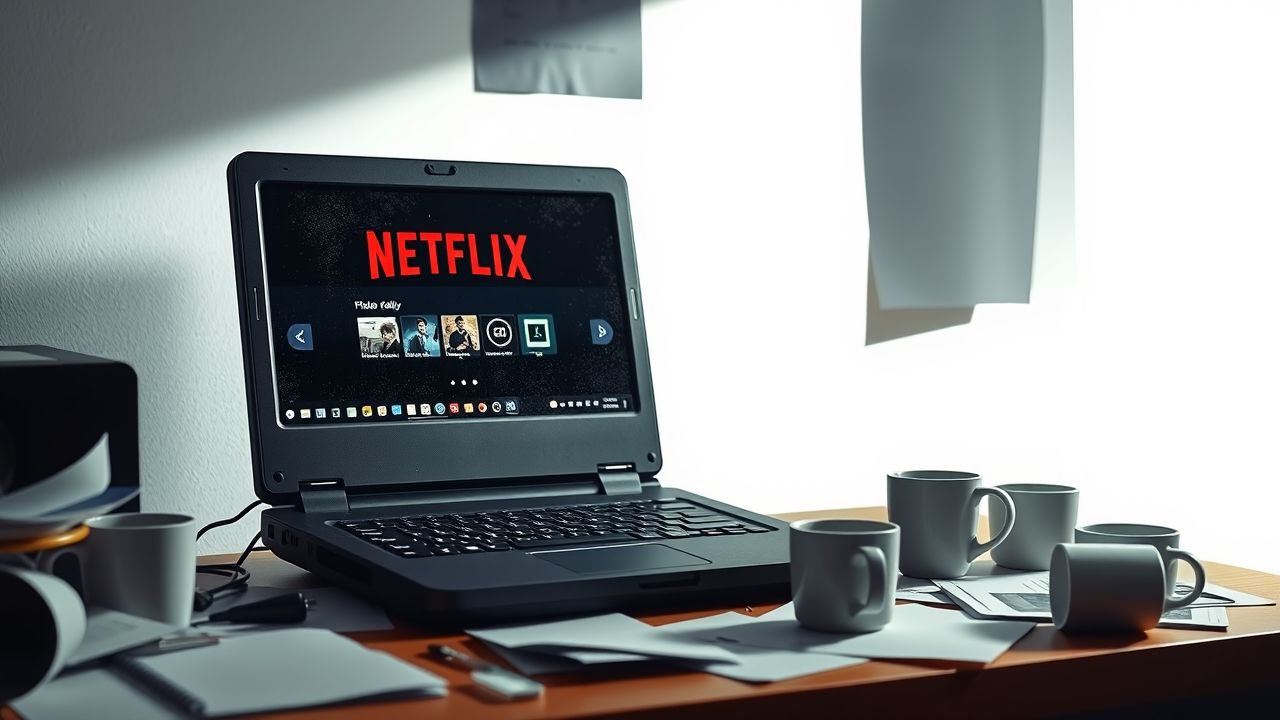 Een oude laptop met Netflix op het scherm op een rommelig bureau. Een oude laptop met Netflix op het scherm op een rommelig bureau.