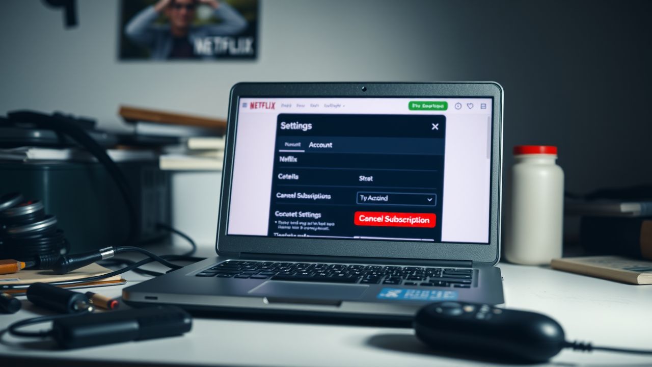 Een oude laptop met een Netflix-abonnement dat wordt geannuleerd.