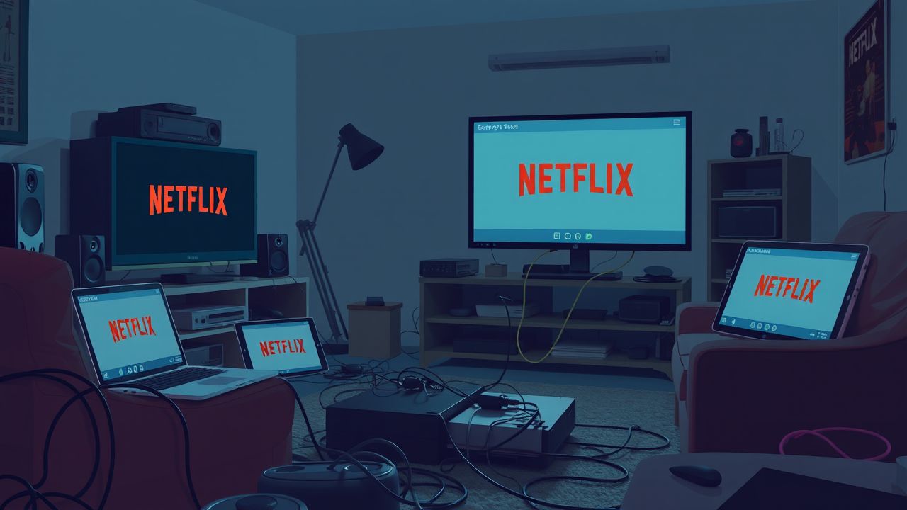 Een rommelige woonkamer vol met elektronische apparaten die Netflix streamen. Een rommelige woonkamer vol met elektronische apparaten die Netflix streamen.