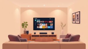 Een gezellige woonkamer met een moderne TV en Netflix.