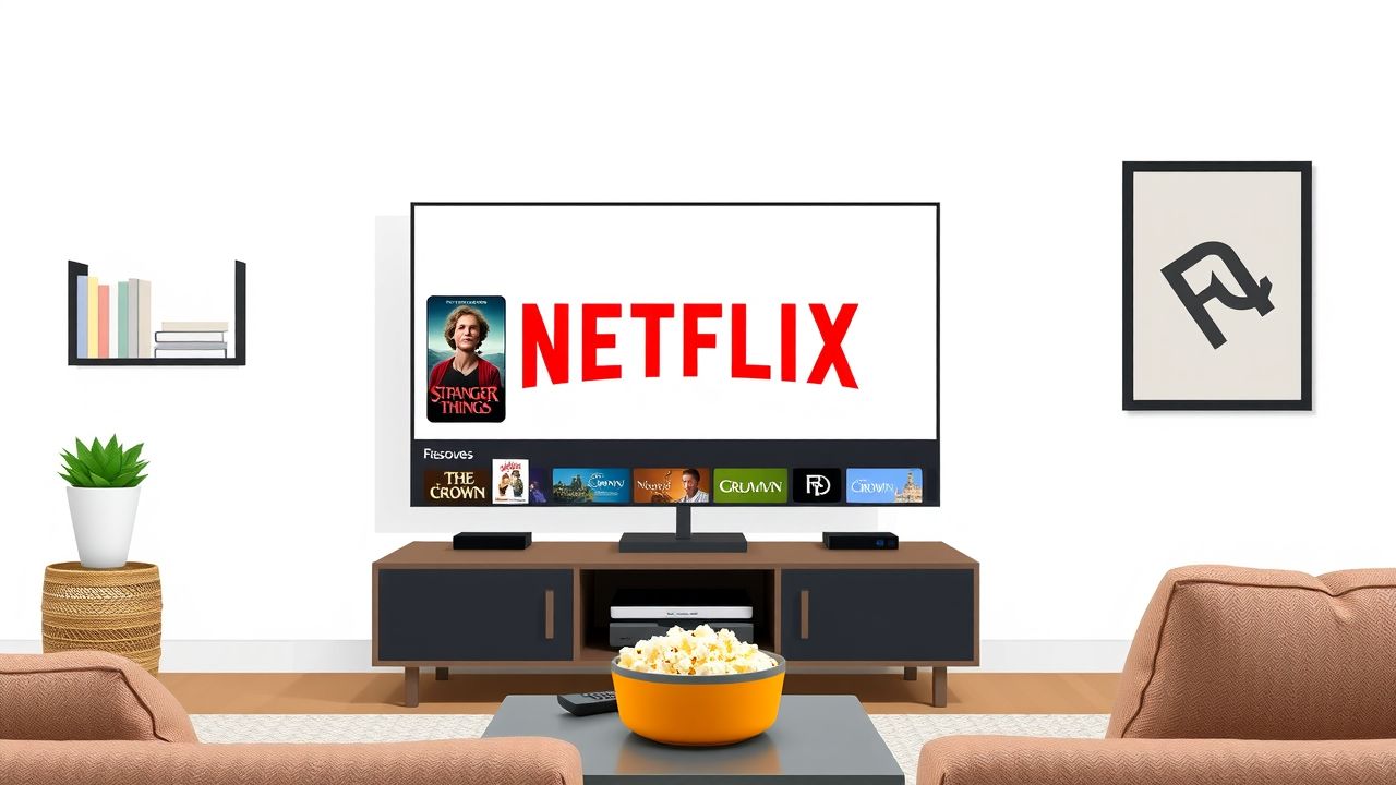 Een comfortabele woonkamer met een moderne televisie die Netflix toont. Een comfortabele woonkamer met een moderne televisie die Netflix toont.