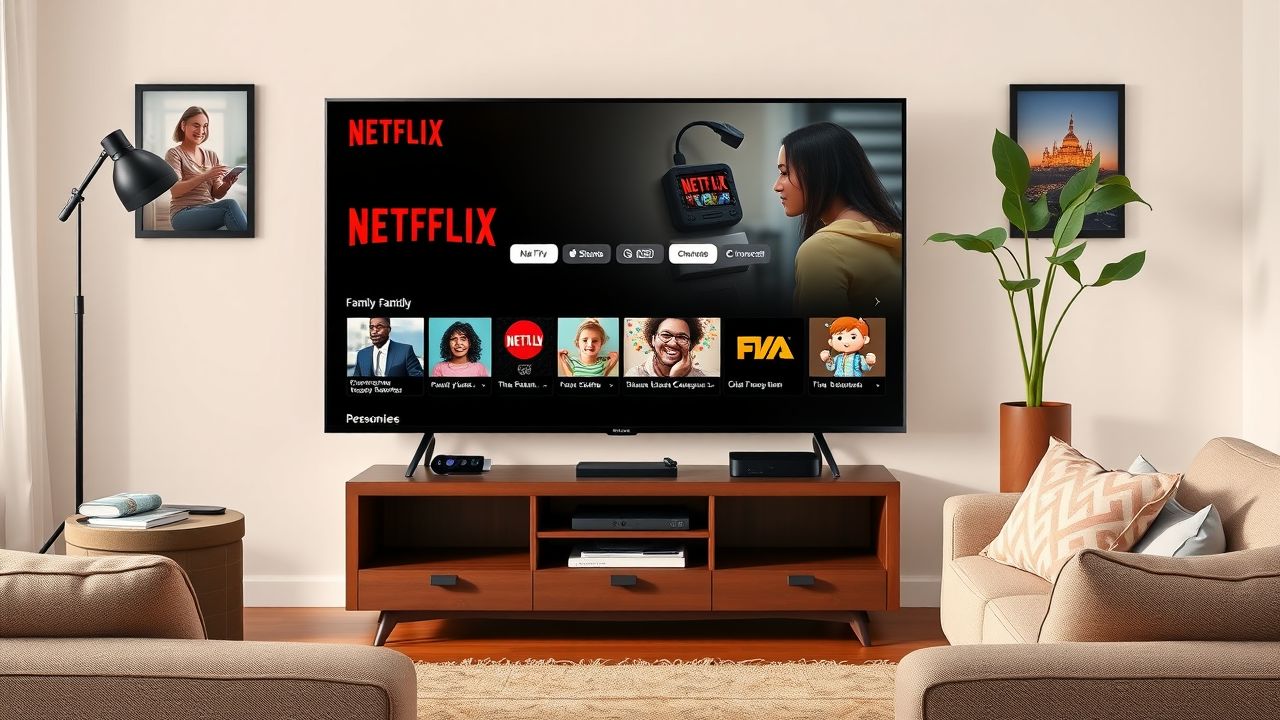 Een gezellige woonkamer met een moderne smart TV en streaming apparaten.