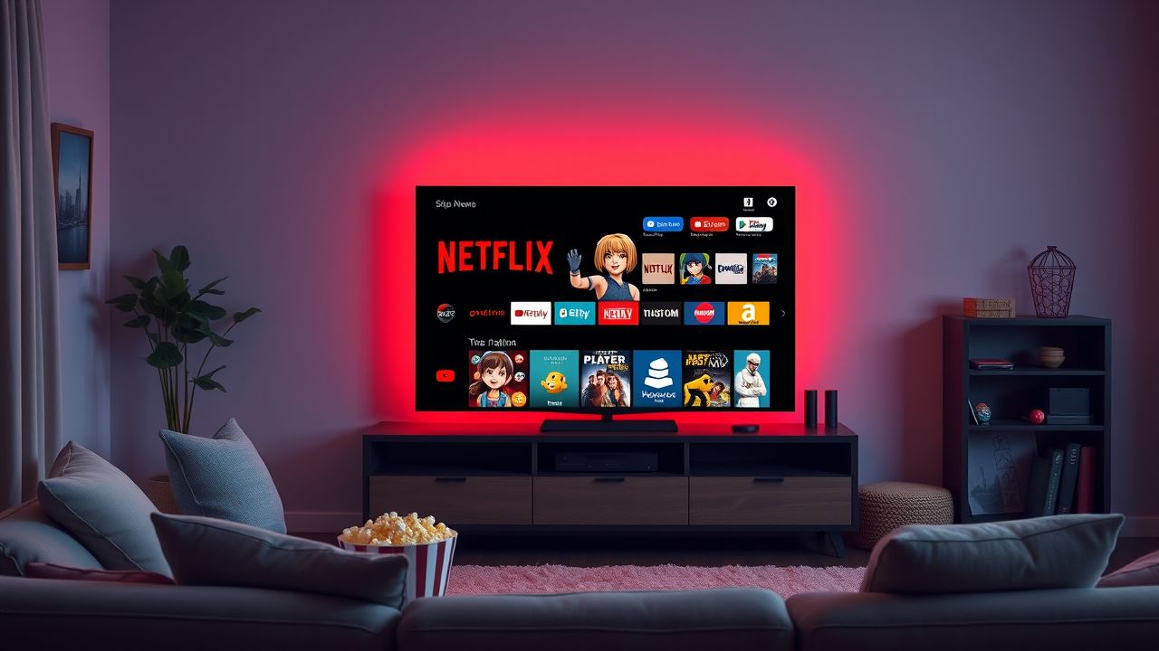 Een gezellige woonkamer met filmthema en Netflix opties op tv.