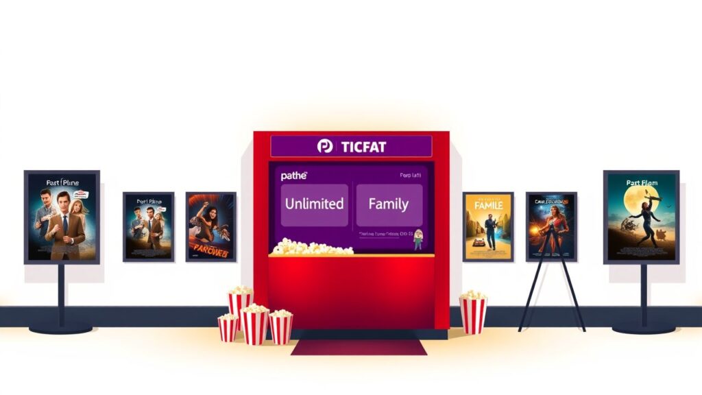 Een kaartjesloket in een bioscoop met abonnementsopties en popcorn.