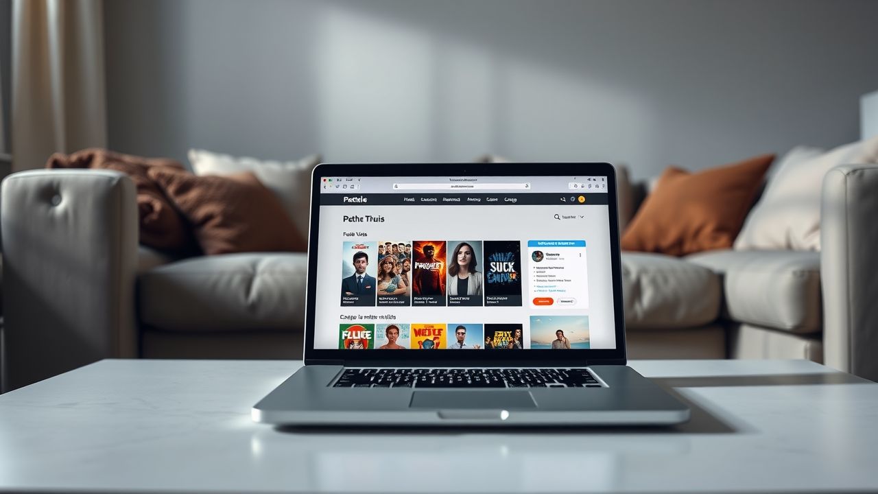 Een laptop toont de Pathé Thuis website met film titels. Een laptop toont de Pathé Thuis website met film titels.