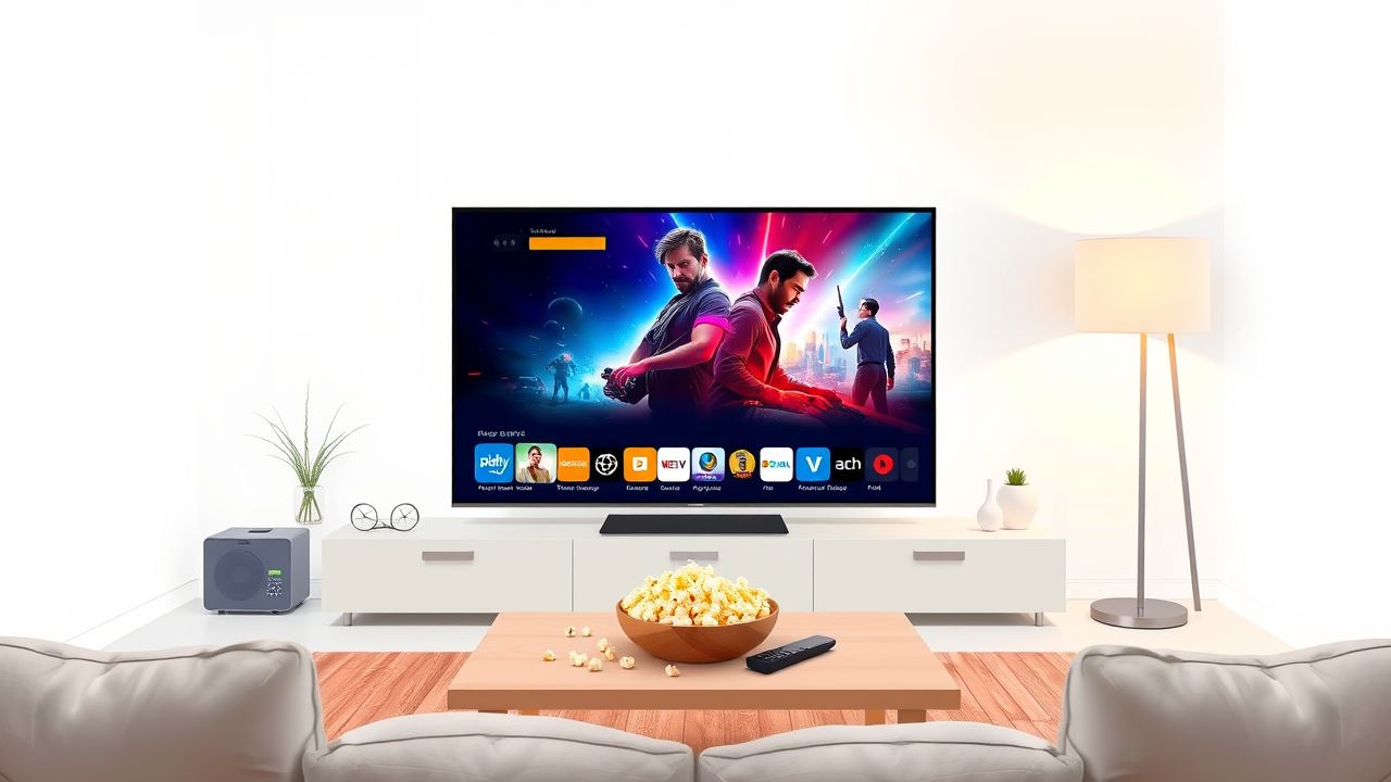 Een gezellige woonkamer met een grote smart TV en rommelige salontafel.