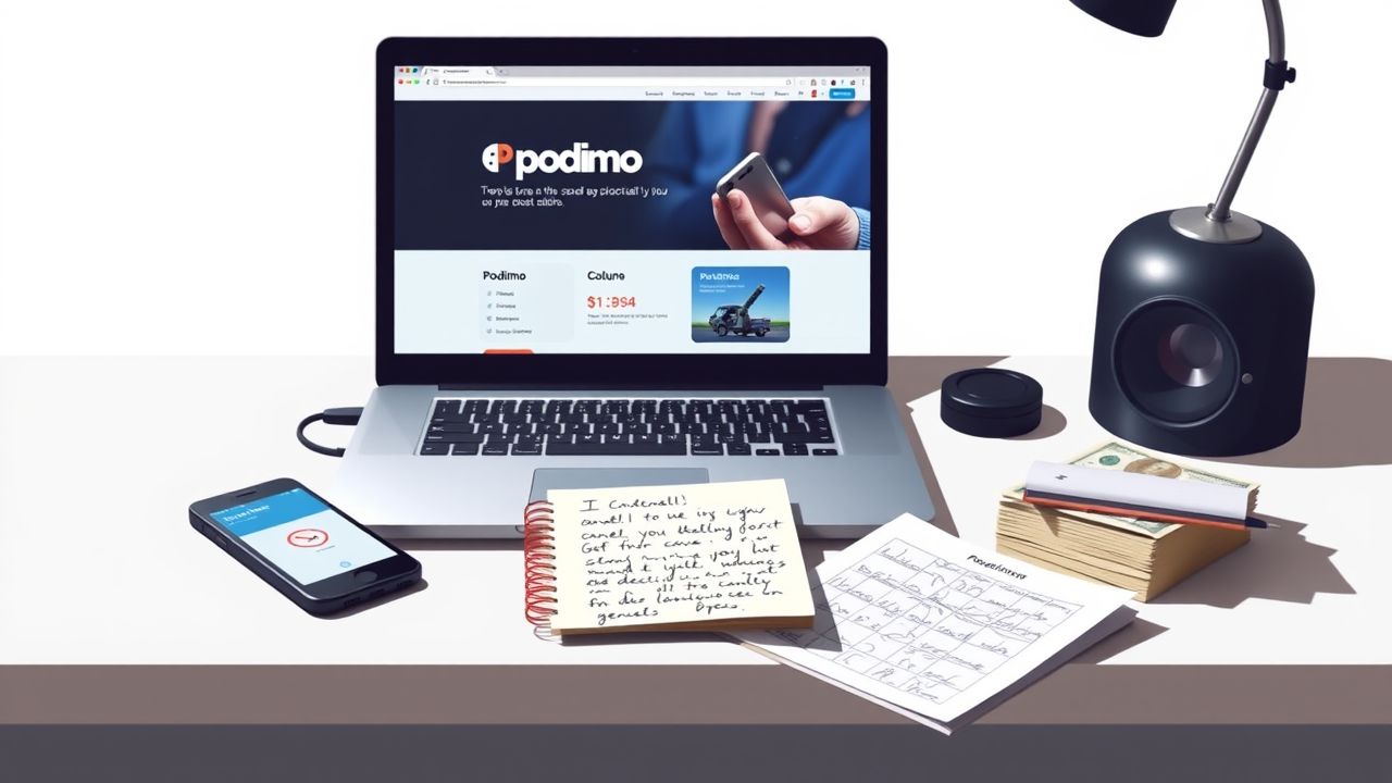 Een rommelig bureau met Podimo abonnement annuleringspogingen. Een rommelig bureau met Podimo abonnement annuleringspogingen.