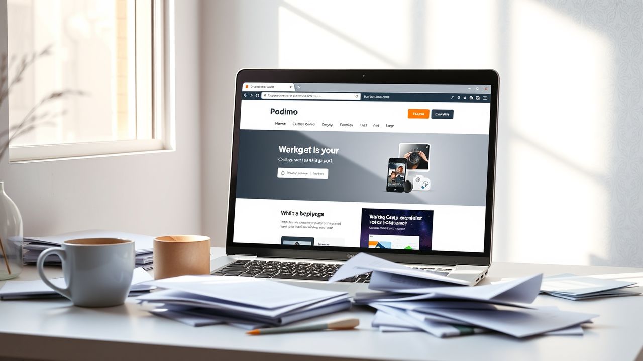 Een rommelig bureau met een open laptop en koffiekopje.