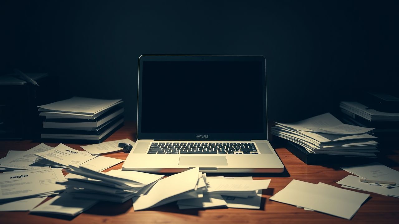 Een rommelig bureau met een open laptop en verspreide papieren.