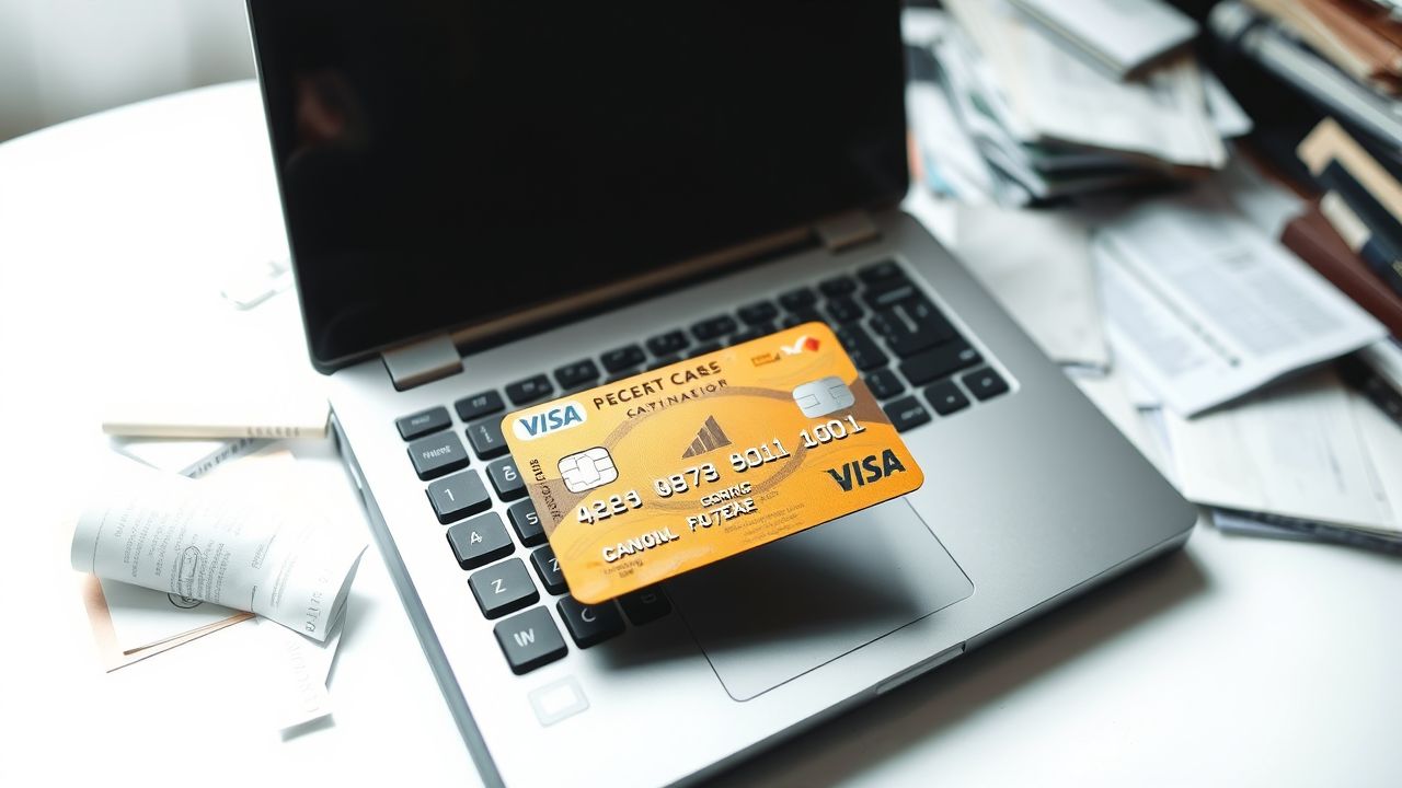 Een versleten creditcard ligt op een laptop toetsenbord in een rommelige kamer.