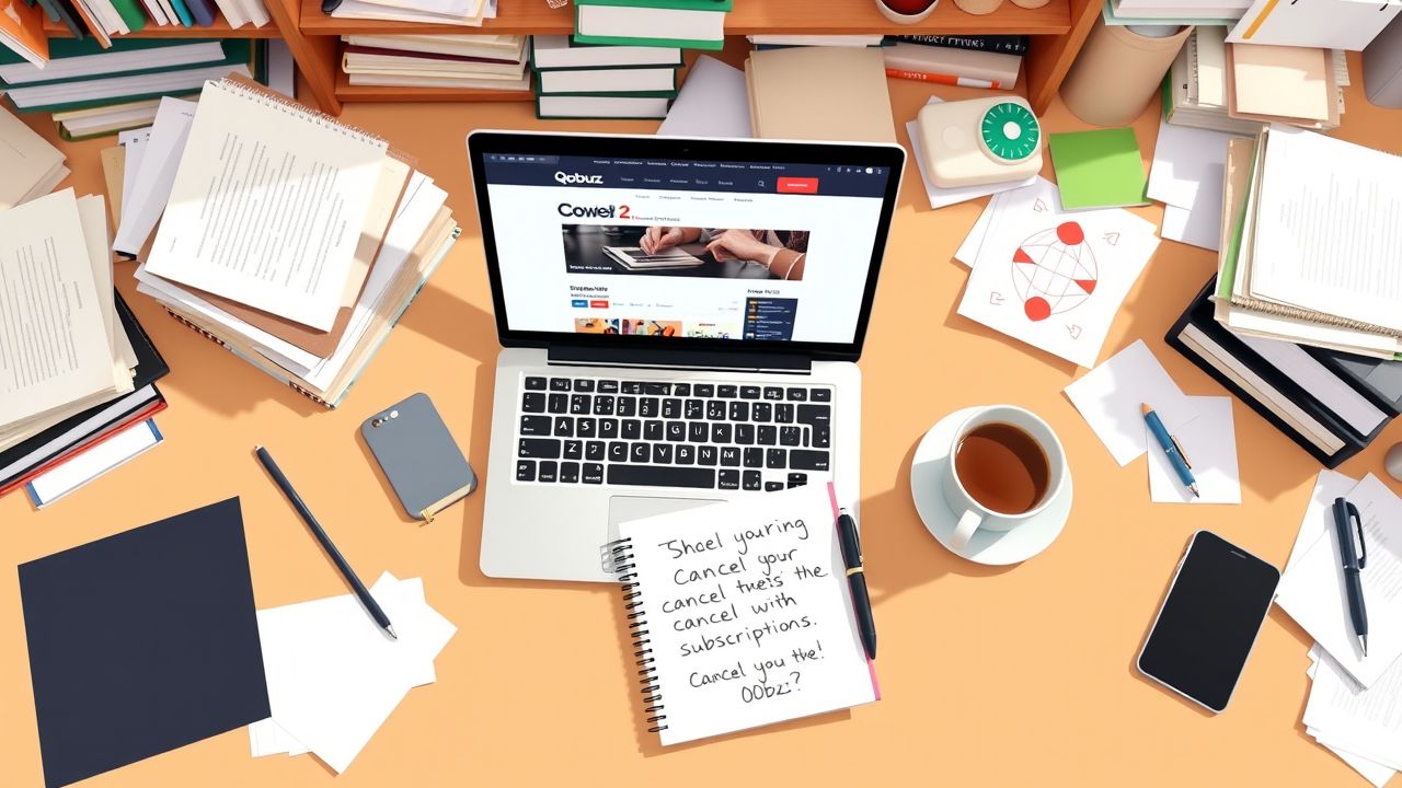 Een rommelig bureau met een open laptop, notitieblok en koffiekopje.