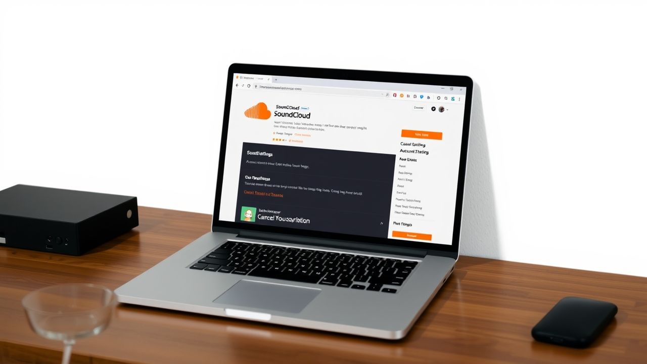 Een open laptop met SoundCloud-accountinstellingen voor het annuleren van een abonnement.