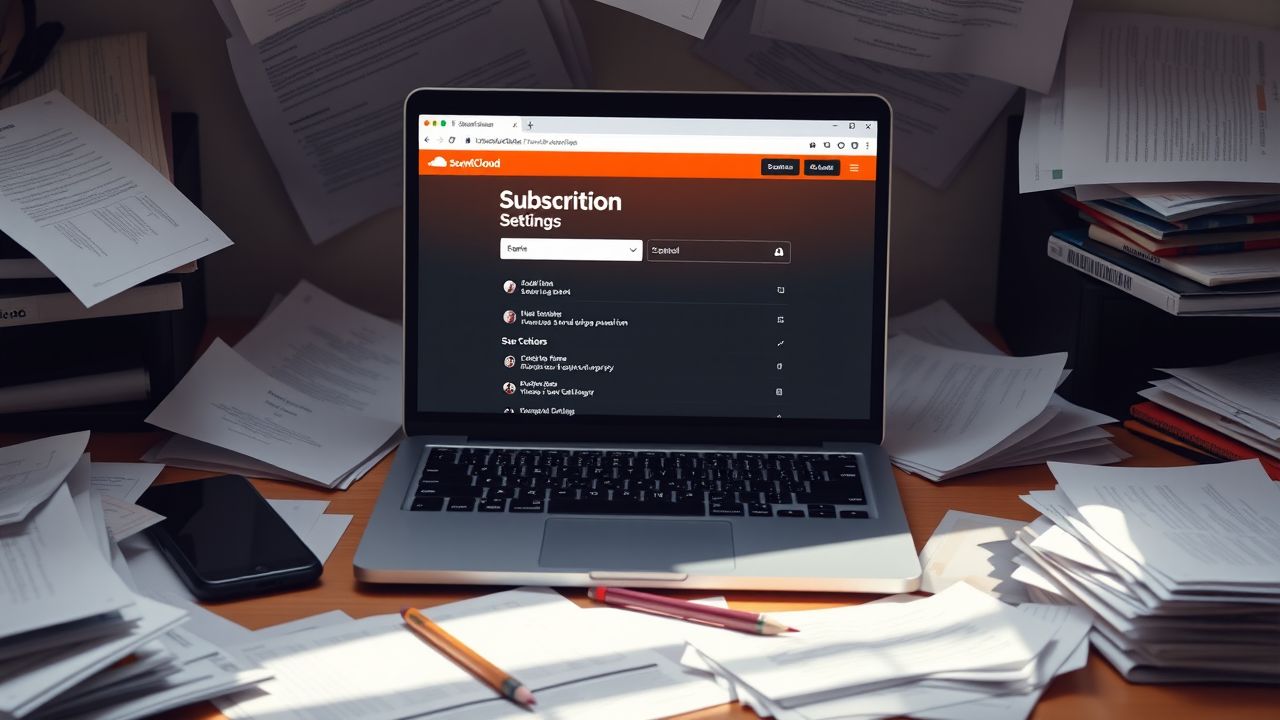 Een rommelig bureau met open laptop en papieren.