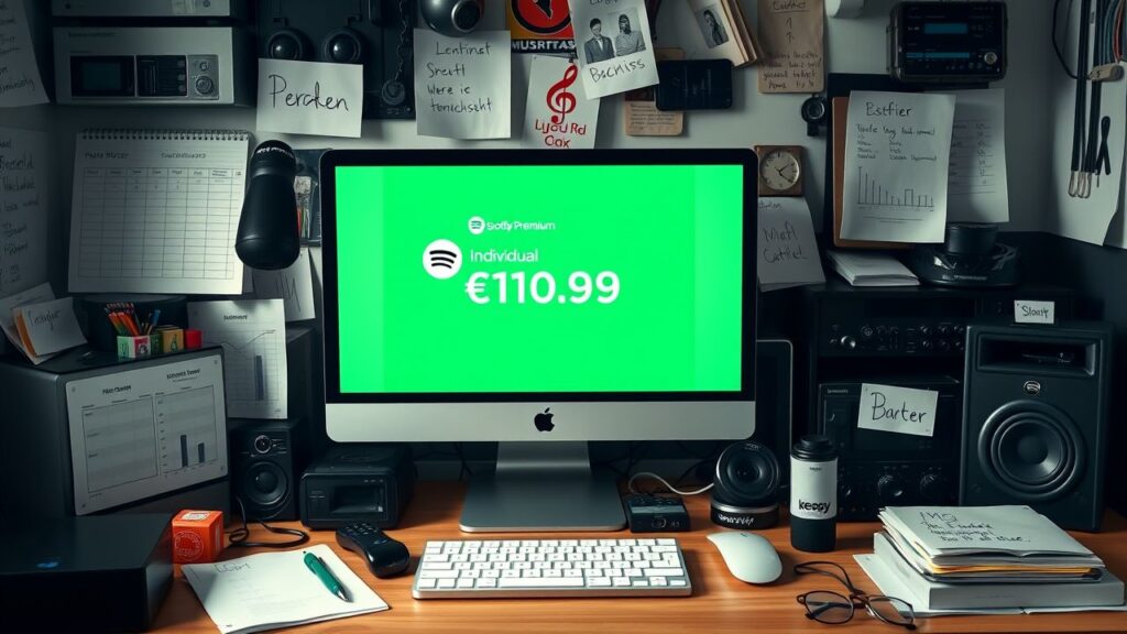 Een rommelig bureau met elektronische gadgets en Spotify abonnementsinformatie.
