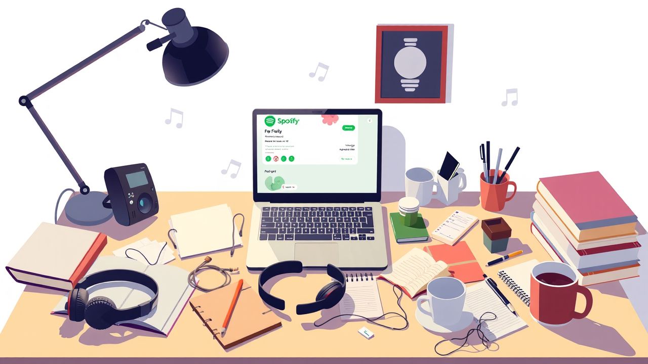 Een rommelig thuiskantoor met een open laptop en verspreide spullen.