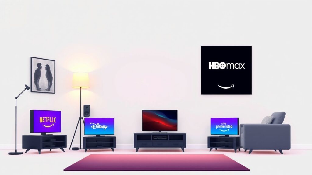 Een gezellige woonkamer met verschillende streamingplatforms op schermen.