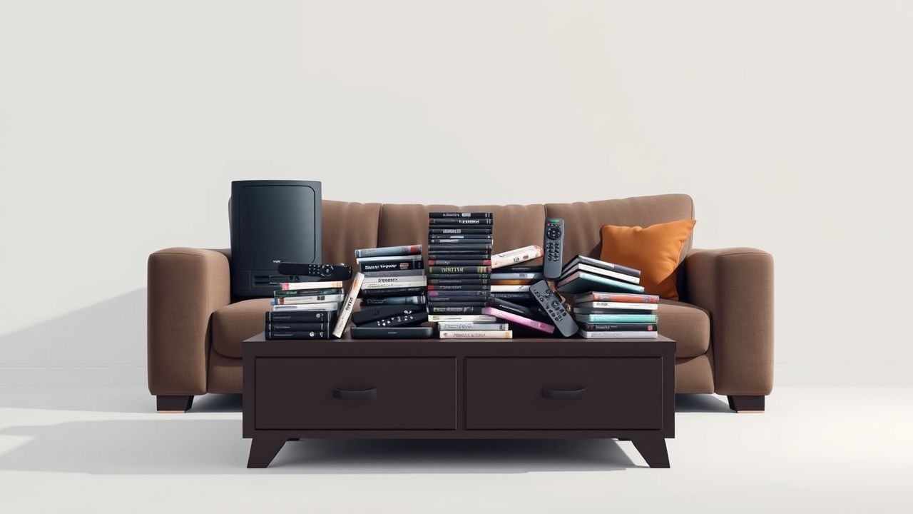 Een gezellige woonkamer met een rommelige salontafel vol met filmcollecties. Een gezellige woonkamer met een rommelige salontafel vol met filmcollecties.