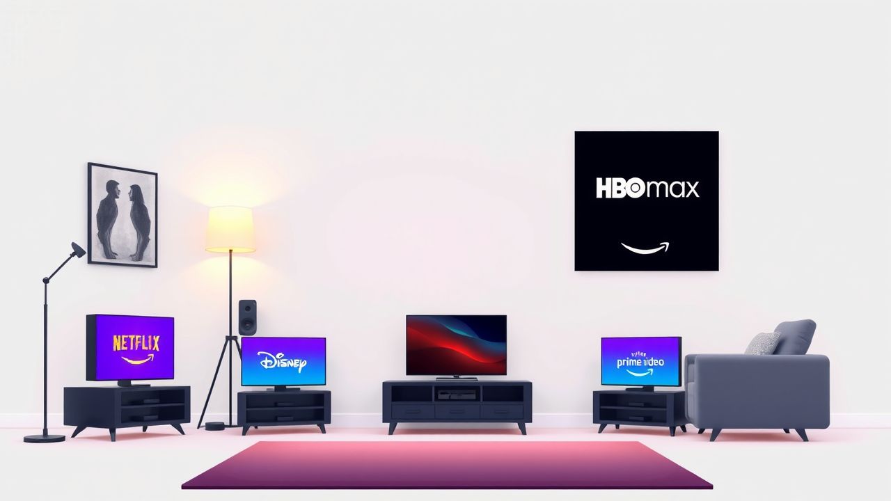 Een gezellige woonkamer met verschillende streamingplatforms op schermen.