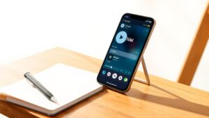 Een gezellig thuiskantoor met een mobiele telefoon en Tidal-app.