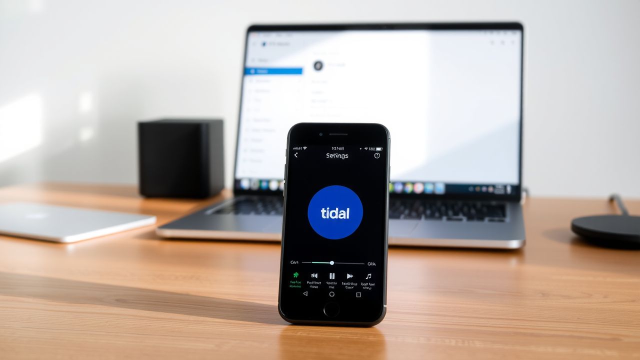 Een smartphone met Tidal-app en een open laptop op een bureau.