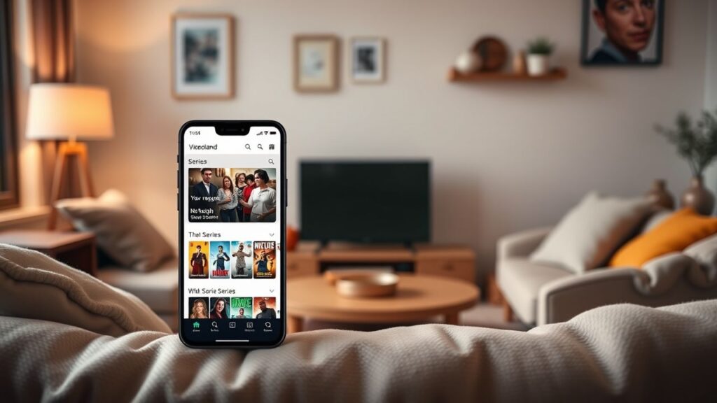 Een smartphone toont de Videoland app met Nederlandse series en films.