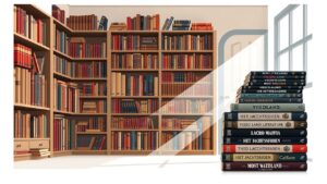 Een oude vintage bibliotheek met klassieke Nederlandse literatuur en videoland-series DVD's.