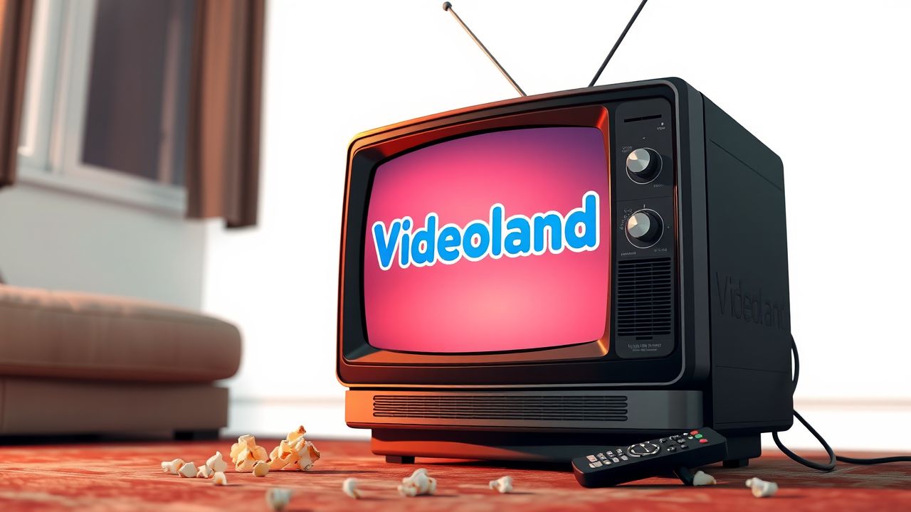Een oude televisie toont het Videoland-logo in een gezellige woonkamer.