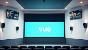 Een minimalistische flat design afbeelding van Vue bioscoopabonnement opties.