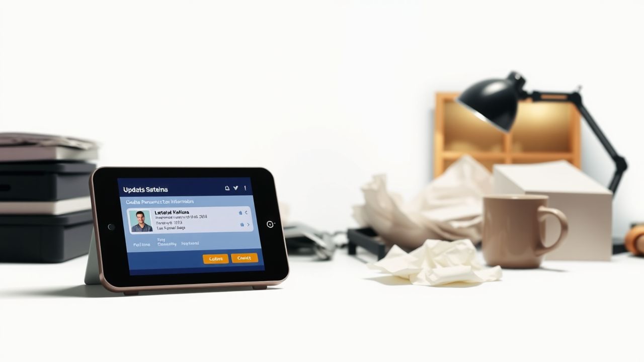 Een digitale interface wordt gebruikt om persoonlijke informatie bij te werken in een informele kantooromgeving.