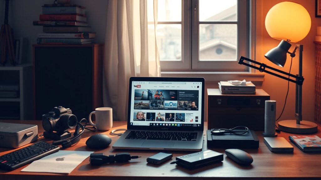 Een rommelig thuiskantoor met een open laptop en verschillende gadgets.