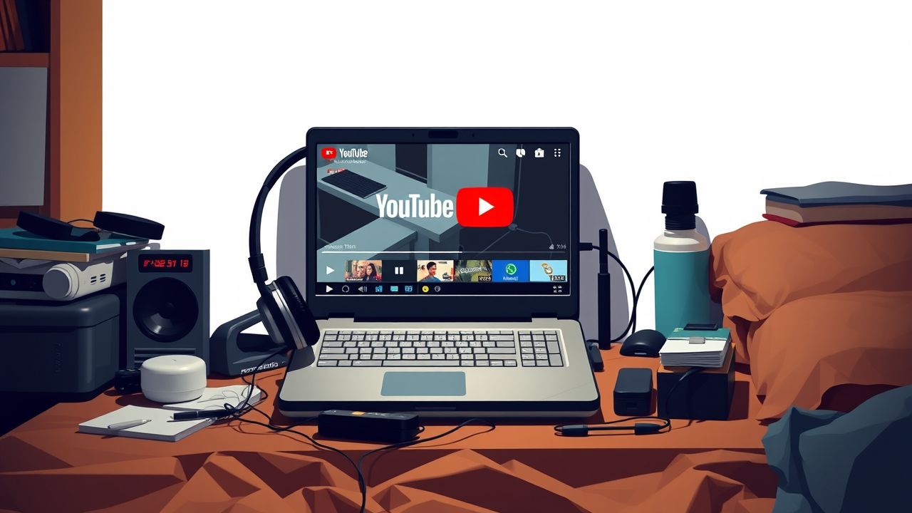 Een oude laptop speelt YouTube Originals content via een paar koptelefoon.