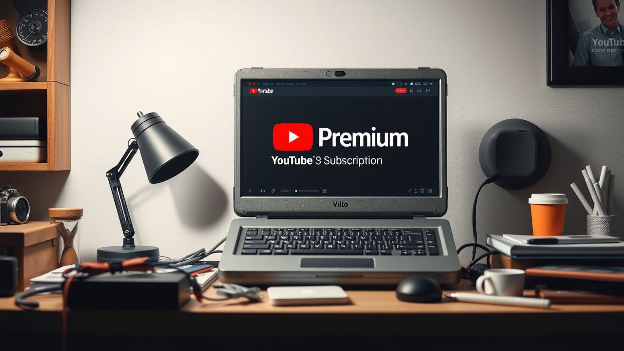 Een oude laptop toont het YouTube Premium abonnement op een rommelig bureau.