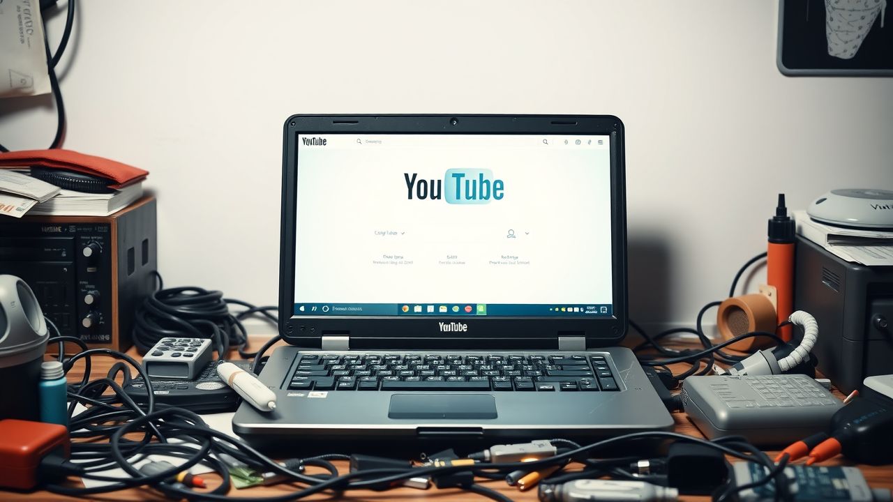 Een oude laptop met YouTube op het scherm op een rommelig bureau.