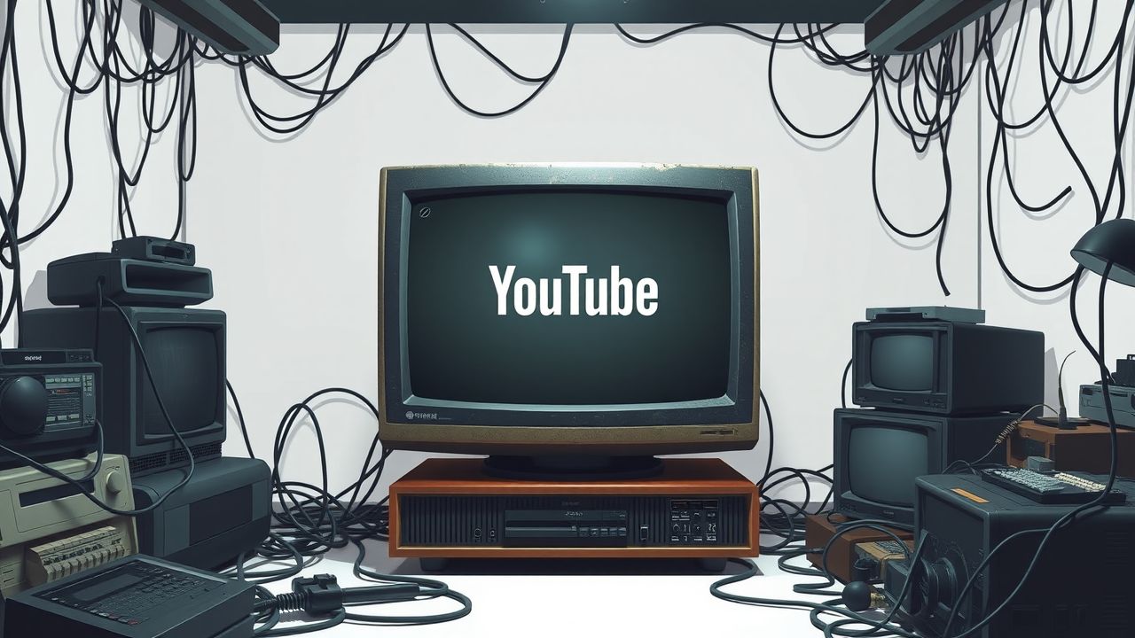 Een oude en stoffige computer in een rommelige kamer met YouTube-logo. Een oude en stoffige computer in een rommelige kamer met YouTube-logo.