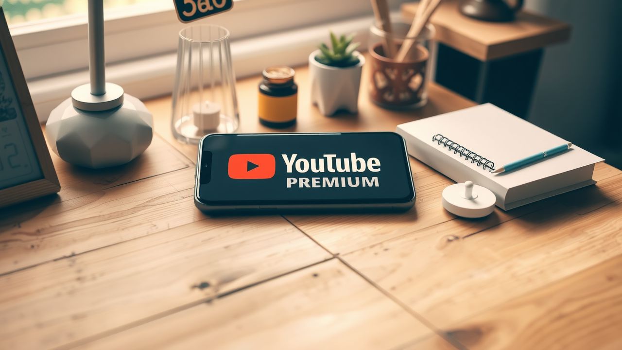 Een smartphone met het YouTube Premium logo op een houten bureau.