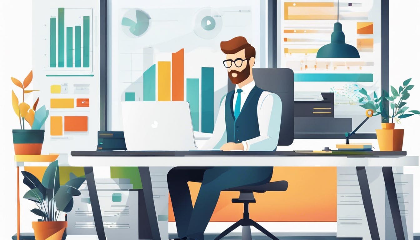 Een ondernemer gebruikt Twinfield boekhoudsoftware op een modern kantoor.